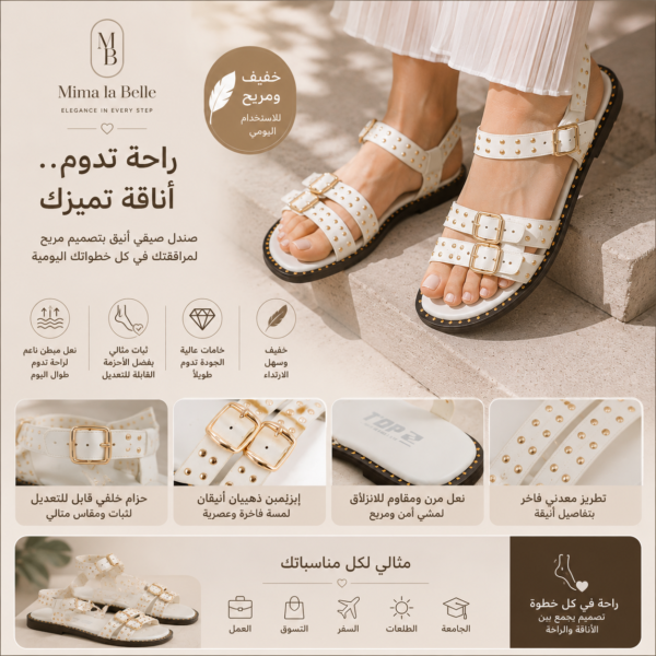 صندل نسائي أبيض مرصع بإبزيمين ذهبيين